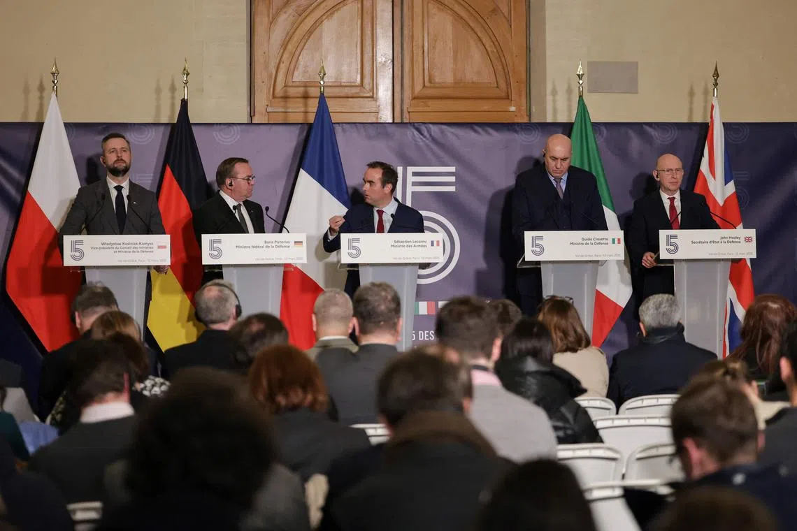 (From left) Defence ministers from Poland, Germany, France, Italy and Britain holding a press conference after an E5 defence ministers' meeting on Ukraine, in Paris on March 12.