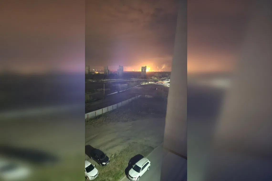 An image circulating online that is said to show the Ukrainian strike on Russia's  Saratov refinery.