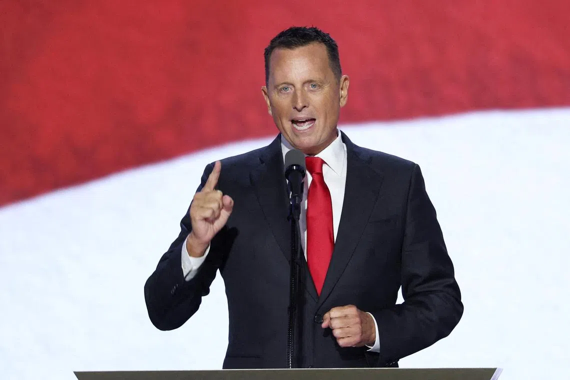 FILE PHOTO: Ric Grenell, former Acting Director of National Intelligence speaks on Day 3 of the Republican National Convention (RNC), at the Fiserv Forum in Milwaukee, Wisconsin, U.S., July 17, 2024. REUTERS/Mike Segar/File Photo