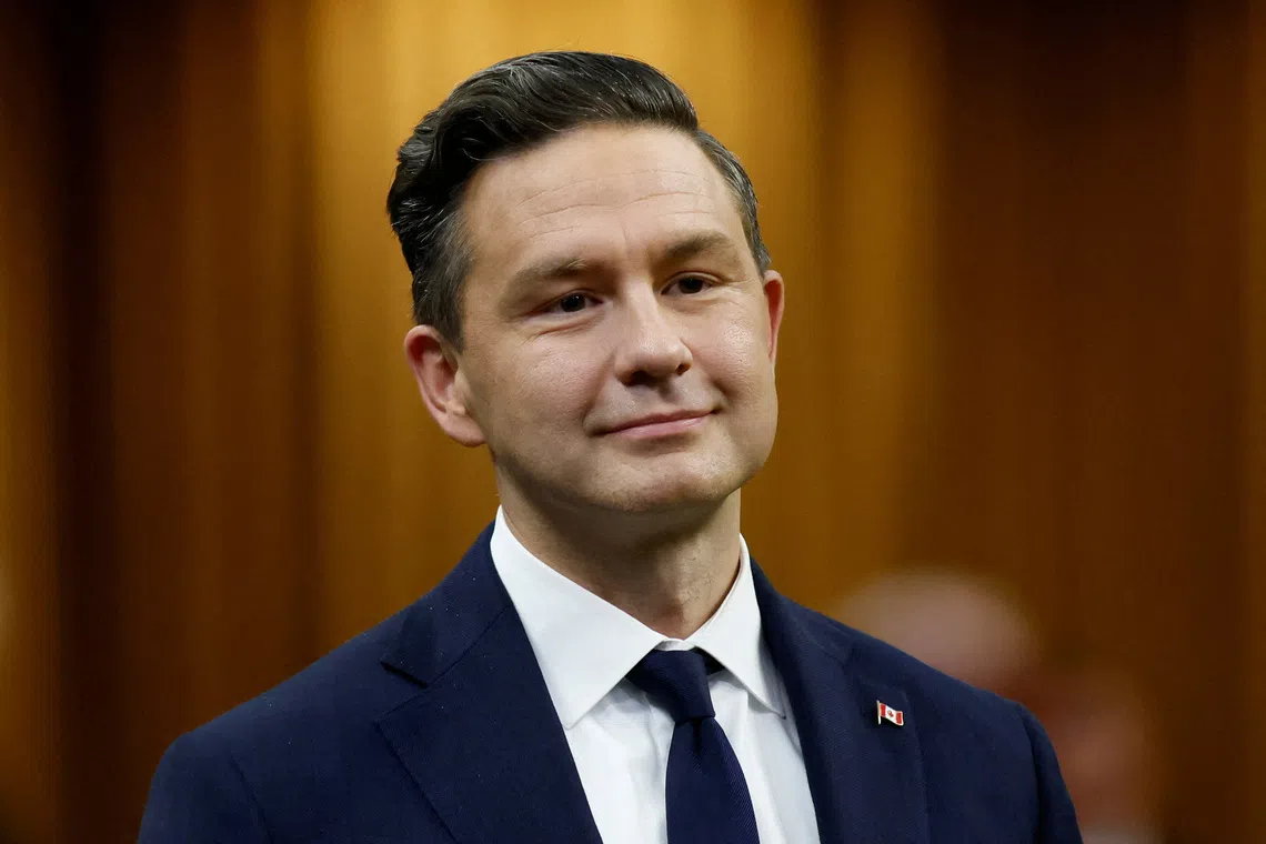 FILE PHOTO: Conservative Party of Canada leader Pierre Poilievre takes part in Question Period in the House of Commons on Parliament Hill in Ottawa, Ontario, Canada September 15, 2025. REUTERS/Blair Gable/File Photo