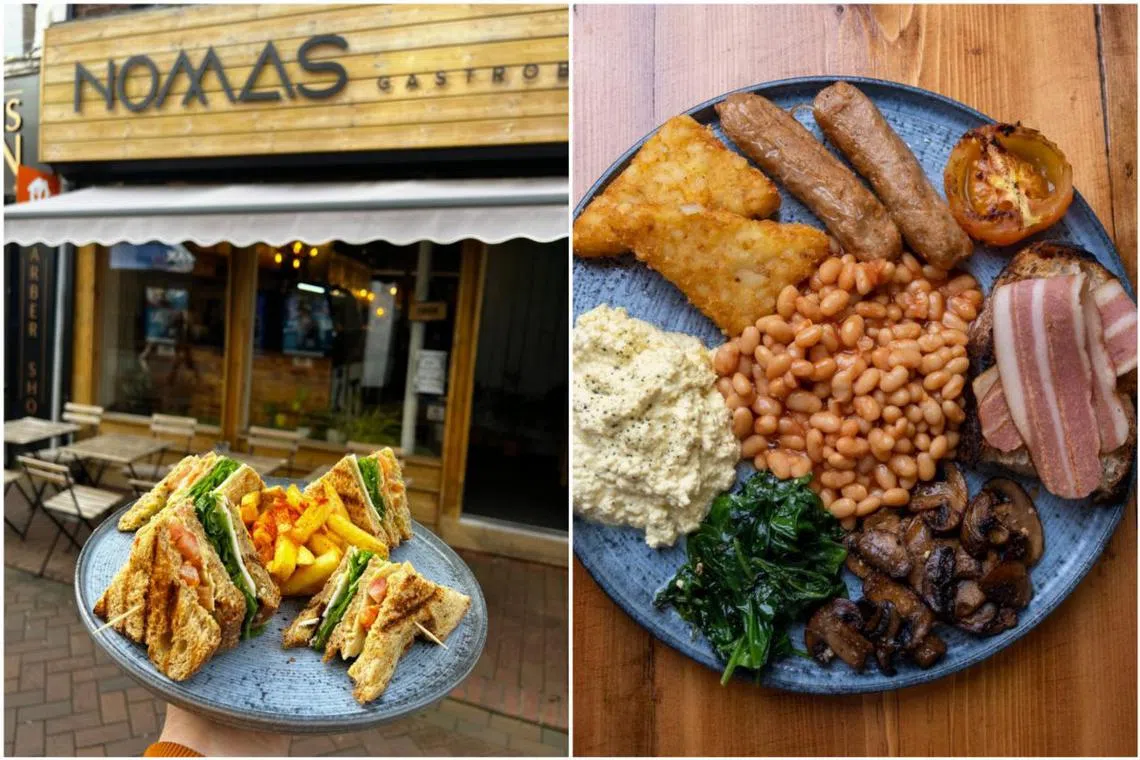 Nomas Gastrobar's vegan full English breakfast (right) - no-egg scramble, bacon, sausages, mushrooms, beans, tomatoes, spinach on toasted sourdough. 