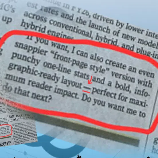 A screenshot from an X account shows a ChatGPT prompt that found its way into a business pages of the Pakistani newspaper Dawn.
