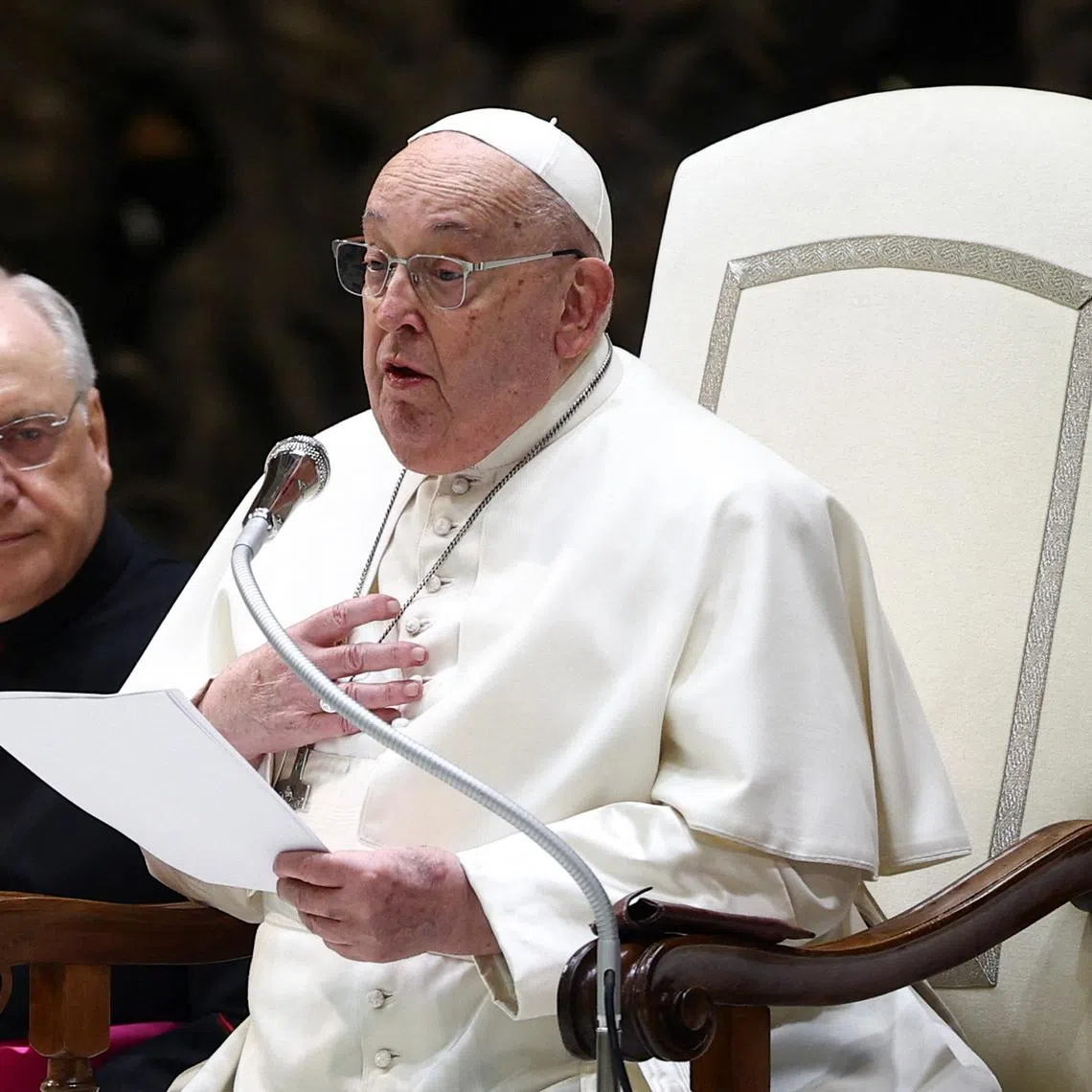 Pope Francis speaks during the weekly general audience, in Paul VI Audience Hall at the Vatican, February 12, 2025. REUTERS/Guglielmo Mangiapane