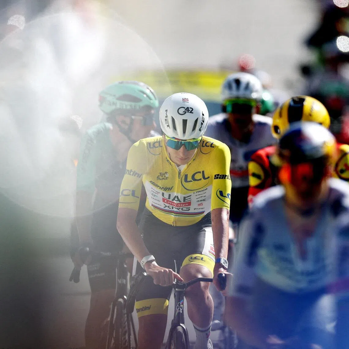 Cycling - Tour de France - Stage 18 - Voiron to Orcieres-Merlette - Orcieres-Merlette, France - July 23, 2026
UAE Team Emirates - XRG's Tadej Pogacar wearing the yellow jersey at the end of stage 18 REUTERS/Gonzalo Fuentes     TPX IMAGES OF THE DAY