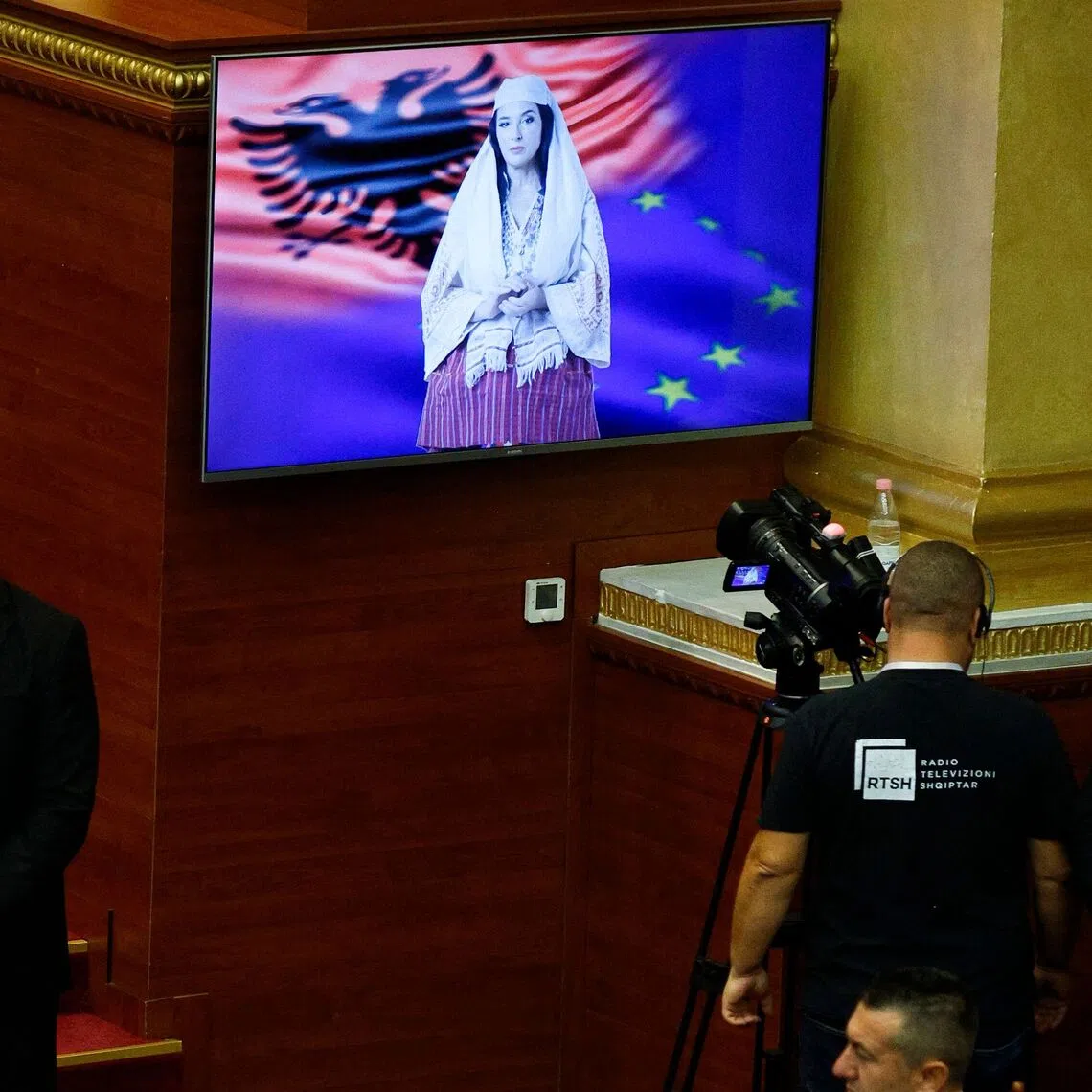 Albania's new AI-generated minister, dubbed Diella, addressing Parliament in Tirana on Sept 18.