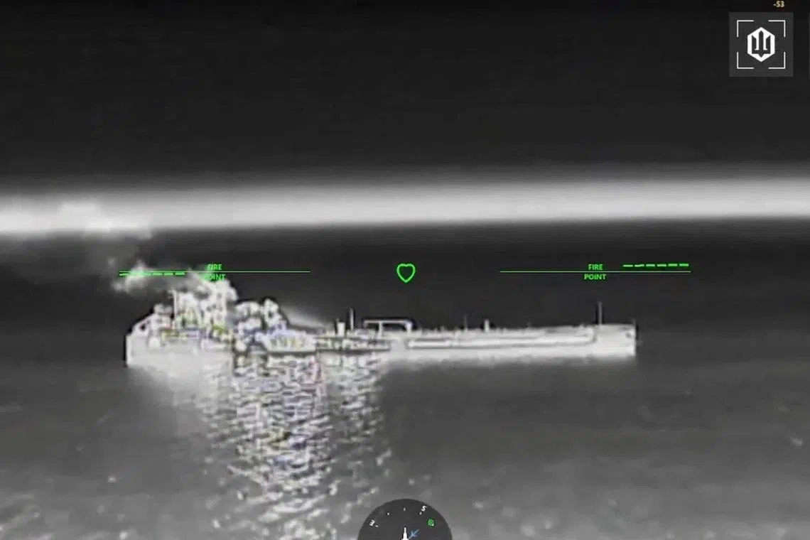 Drone footage shows fire and smoke rising from, what the Rostov region Governor said, was an empty oil tanker, following Ukraine's overnight drone attacks on Russia, confirmed by the Ukrainian military, at a place given as the Sea of Azov, in this screengrab from a handout video released on July 8, 2026. Commander of Unmanned Aerial Systems Force/Handout via REUTERS