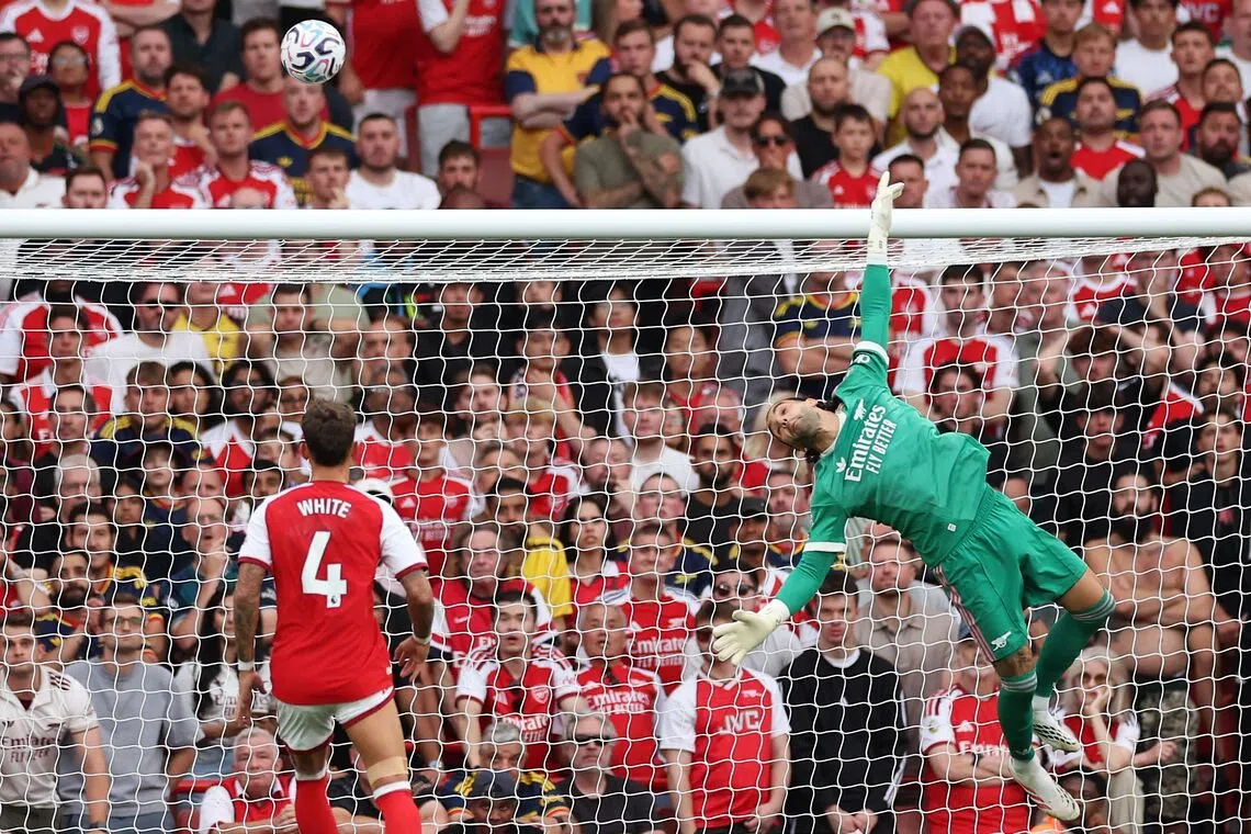 Arsenal’s Spanish goalkeeper David Raya makes a save during the English Premier League football match against Chelsea at the Emirates Stadium in London on Sept 6.