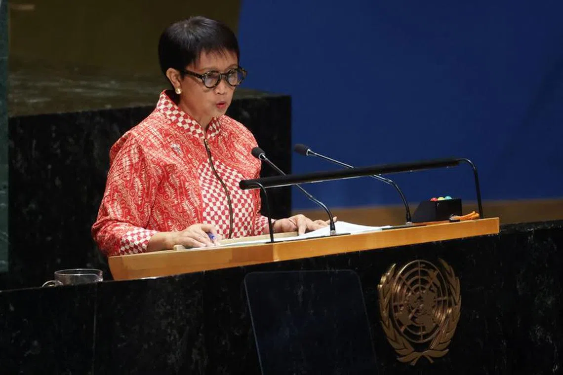 Indonesia's Foreign Minister Retno Lestari Priansari Marsudi speaks at an emergency special session of the United Nations General Assembly on the ongoing conflict between Israel and Hamas at the U.N. headquarters in New York City, U.S., October 26, 2023. REUTERS/Mike Segar/File Photo
