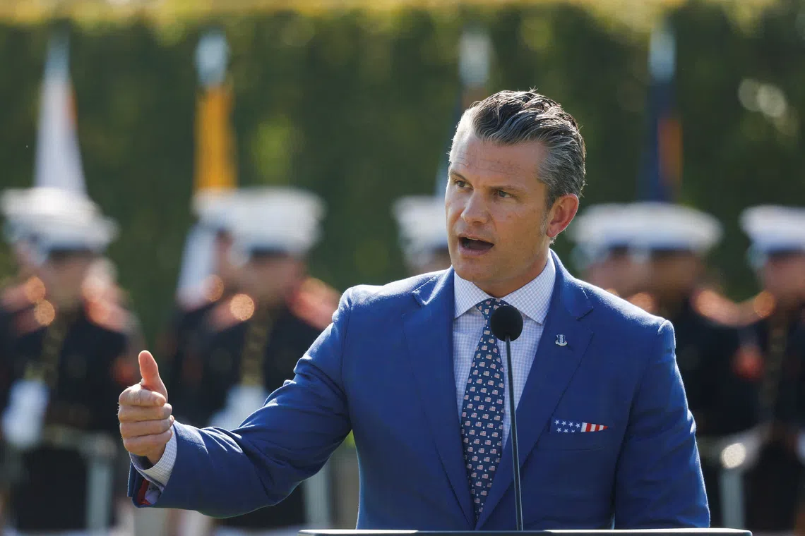 FILE PHOTO: U.S. Defense Secretary Pete Hegseth speaks during a ceremony honoring prisoners of war, at the Pentagon in Washington, D.C. U.S., September 19, 2025. REUTERS/Daniel Becerril/ File Photo