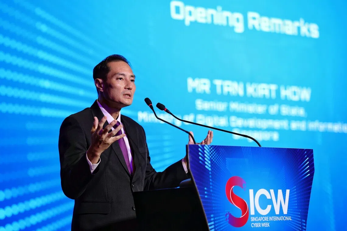 Senior Minister of State for Digital Development and Information Tan Kiat How giving a speech at the Singapore International Cyber Week 2026 in Marina Bay Sands Expo and Convention Centre on Oct 13.