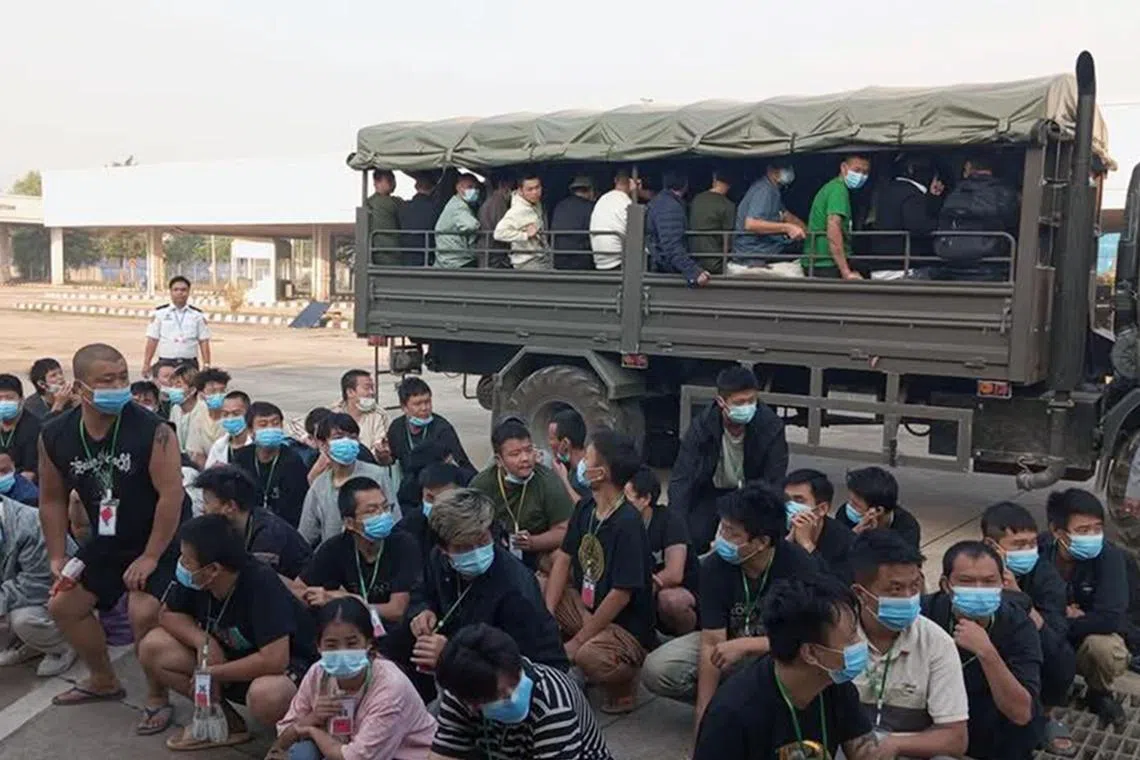 Chinese nationals rescued from illegal call center scammer operations in Myanmar during a repatriation at the Thai-Myanmar border in Mae Sot district, Tak province, Thailand, on March 7.