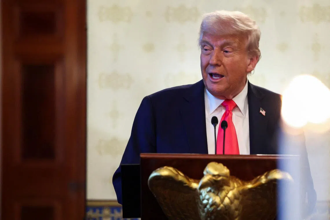 U.S. President Donald Trump speaks during a prayer service and dinner ahead of Easter Sunday, at the White House in Washington, D.C., U.S., April 16, 2025. REUTERS/Evelyn Hockstein