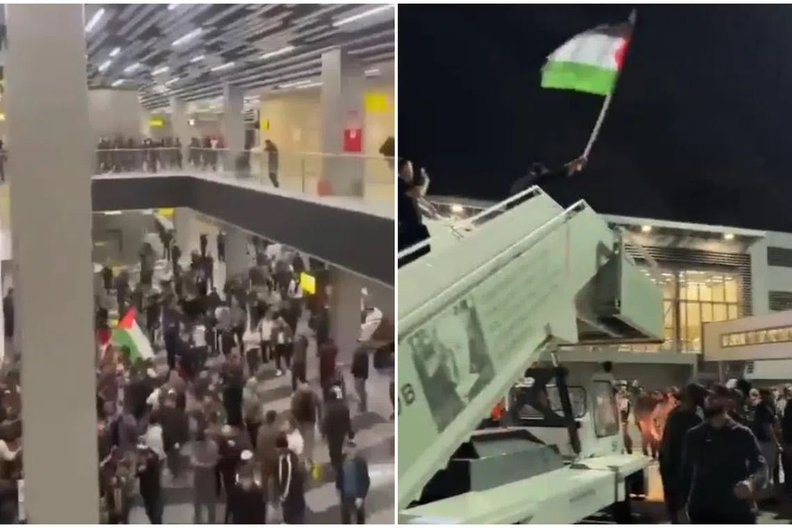 Footage from Makhachkala airport show scores of youths, incensed at the Gaza war, storming the tarmac in search of passengers. 