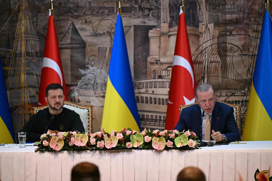 Ukrainian President Volodymyr Zelensky (left) and Turkish President Recep Tayyip Erdogan attend a joint press conference in Istanbul.
