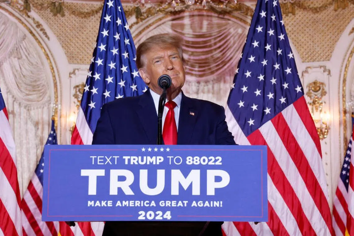 Former US President Donald Trump announces that he will once again run for US president in 2024, during an event at his Mar-a-Lago estate in Palm Beach, Florida, on Nov 15, 2022.