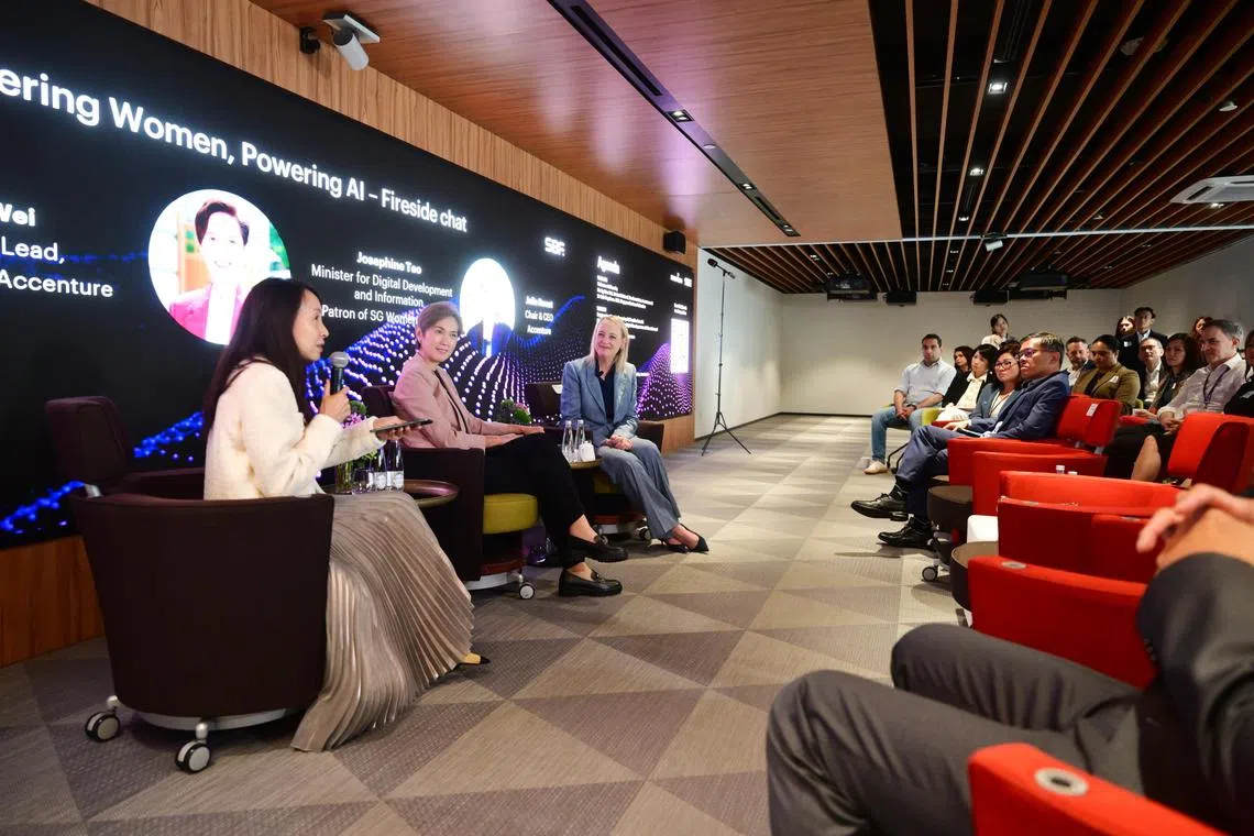 ST20241203_202493000951 ocskill03 Azmi Athni/Osmond Chia//

(From left) A fireside chat on the topic of Empowering Women, Powering AI, moderated by Ms Ng Wee Wei, market unit lead for Southeast Asia at Accenture, with Mrs Josephine Teo, Minister for Digital Development and Information of Singapore and Ms Julie Sweet, chair and CEO of Accenture, on Dec 3, 2024. 

ST PHOTO: AZMI ATHNI