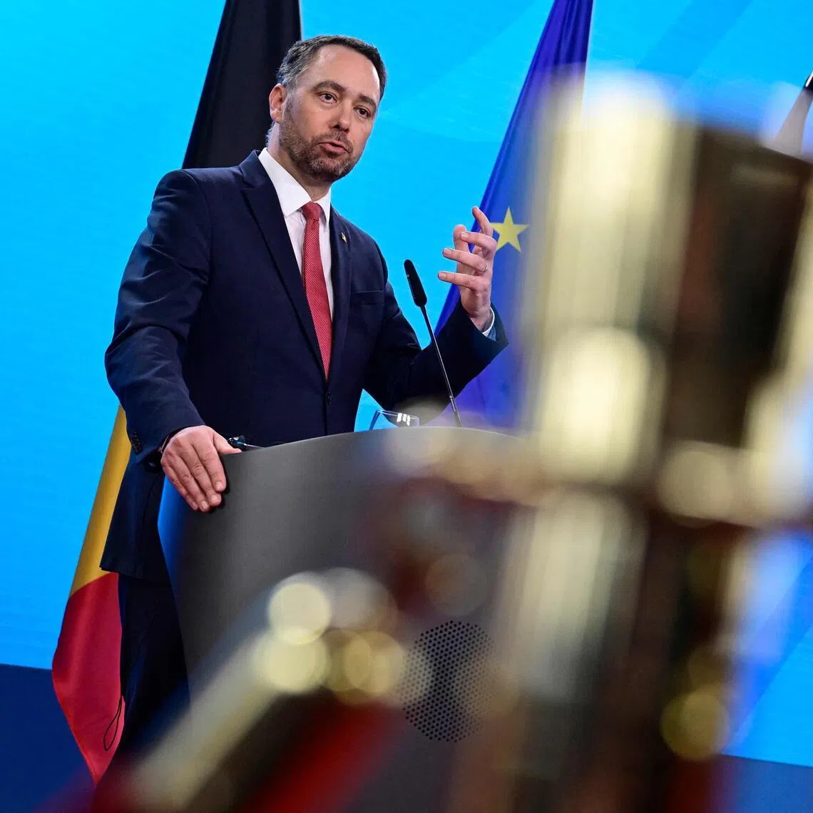 Belgian Foreign Minister Maxime Prevot (left) and German counterpart Johann Wadephul addressing a joint press conference in Berlin on Feb 25