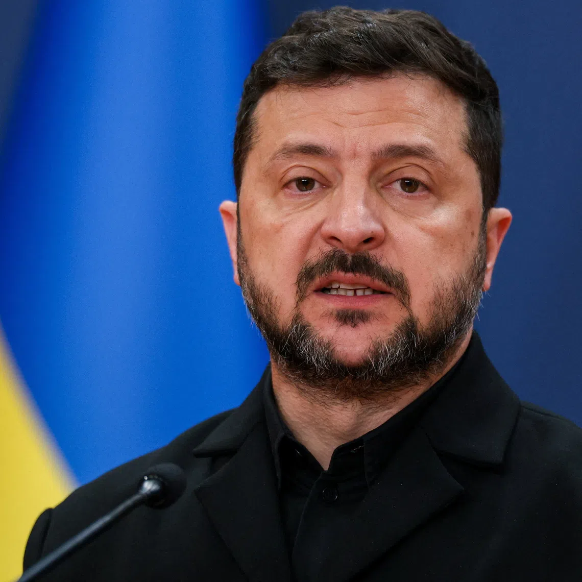 Ukrainian President Volodymyr Zelenskiy speaks at a press conference with Serbian President Aleksandar Vucic (not pictured) during his visit to Belgrade, Serbia, August 8, 2026. REUTERS/Marko Djurica