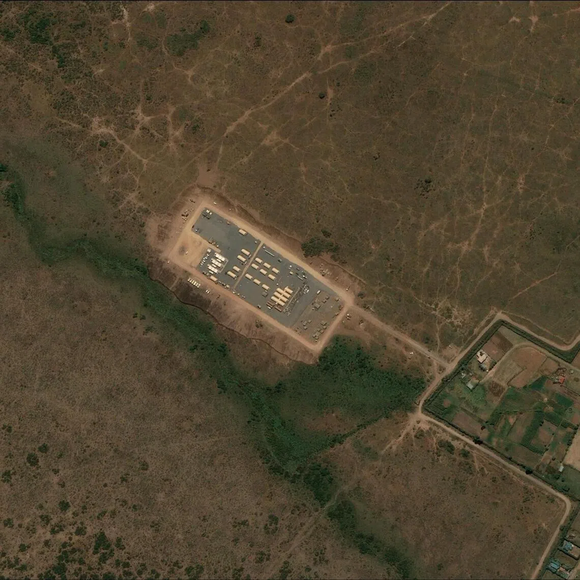 A satellite image shows tents erected at the US-backed Ebola quarantine facility at Laikipia Air Base in Laikipia County, Kenya on June 22, 2026.