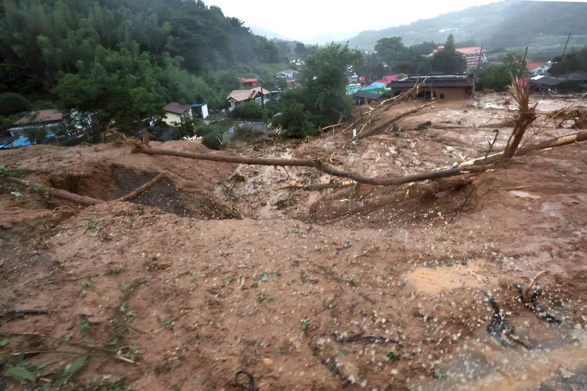 A view shows a mud-covered area after a landslide hit a village in southern Sancheong county, on July 19, 2025.