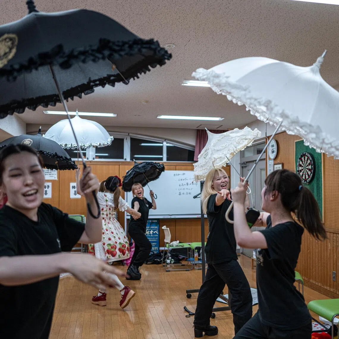 Members of the radical feminist theatre troupe TremendousCircus rehearsing ahead of their performance in Tokyo.