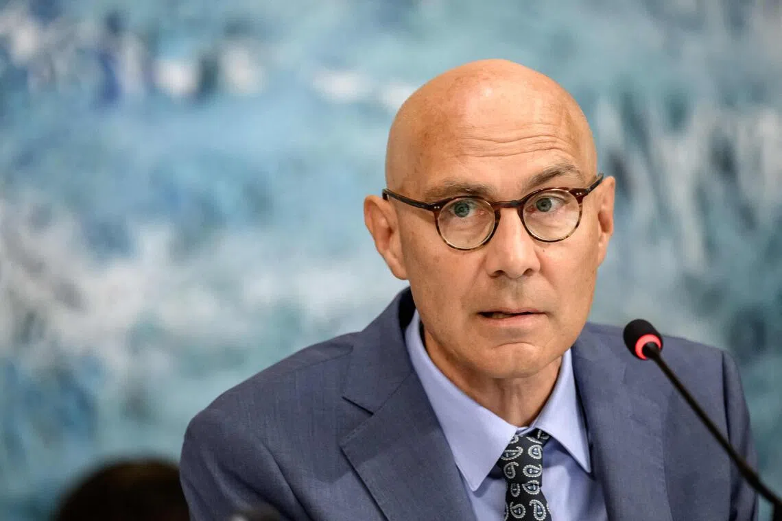 UN High commissioner for Human Rights Volker Turk delivering a speech during the 63rd session of United Nations Human Rights Council, in Geneva, on Sept 7.