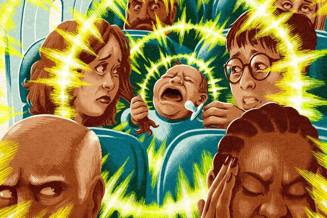 For some travelers, nothing can kill that premium-cabin buzz quicker than an infant next to them. But for parents, despite the overwhelming opposition (and glaring side-eye), seats in the front of the plane can be golden. (Brian Britigan/The New York Times) — FOR EDITORIAL USE ONLY WITH NYT STORY SLUGGED BABIES FIRST CLASS BY DANIELLE BRAFF FOR DEC. 27, 2022. ALL OTHER USE PROHIBITED —