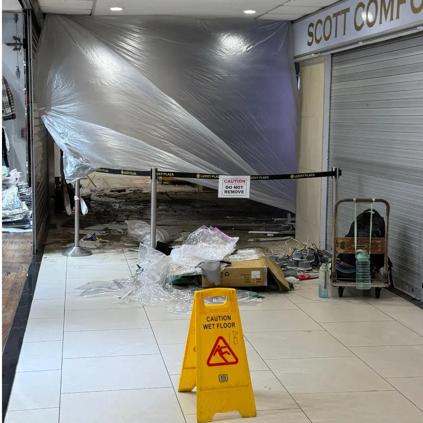 A false ceiling collapsed in the basement level of Lucky Plaza on the morning of April 6.  