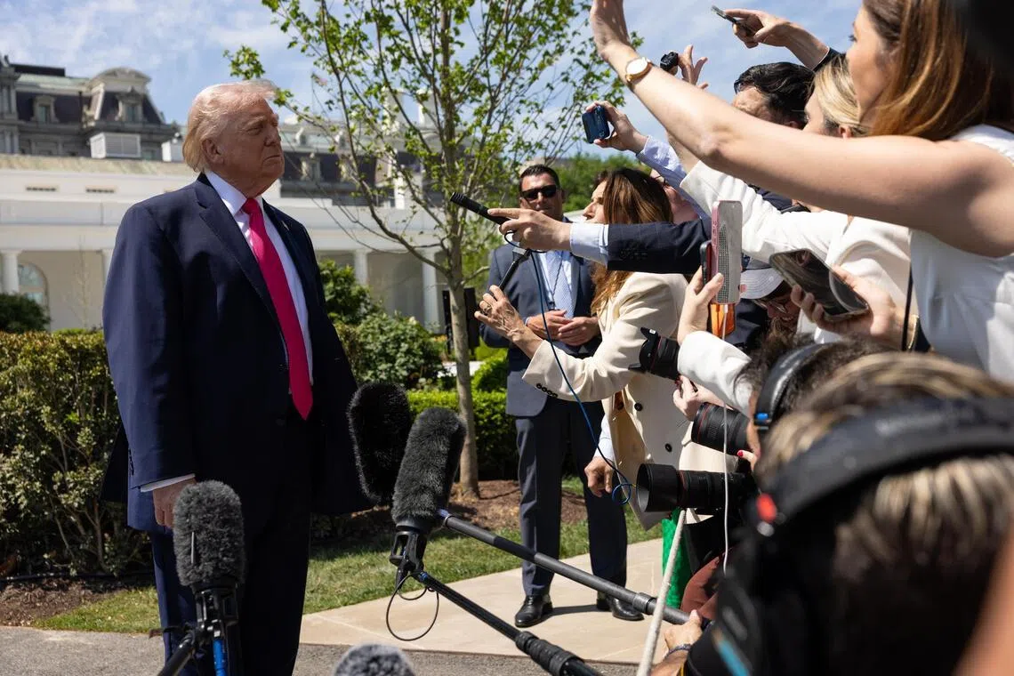 US President Donald Trump speaking to reporters outside the White House on April 16.