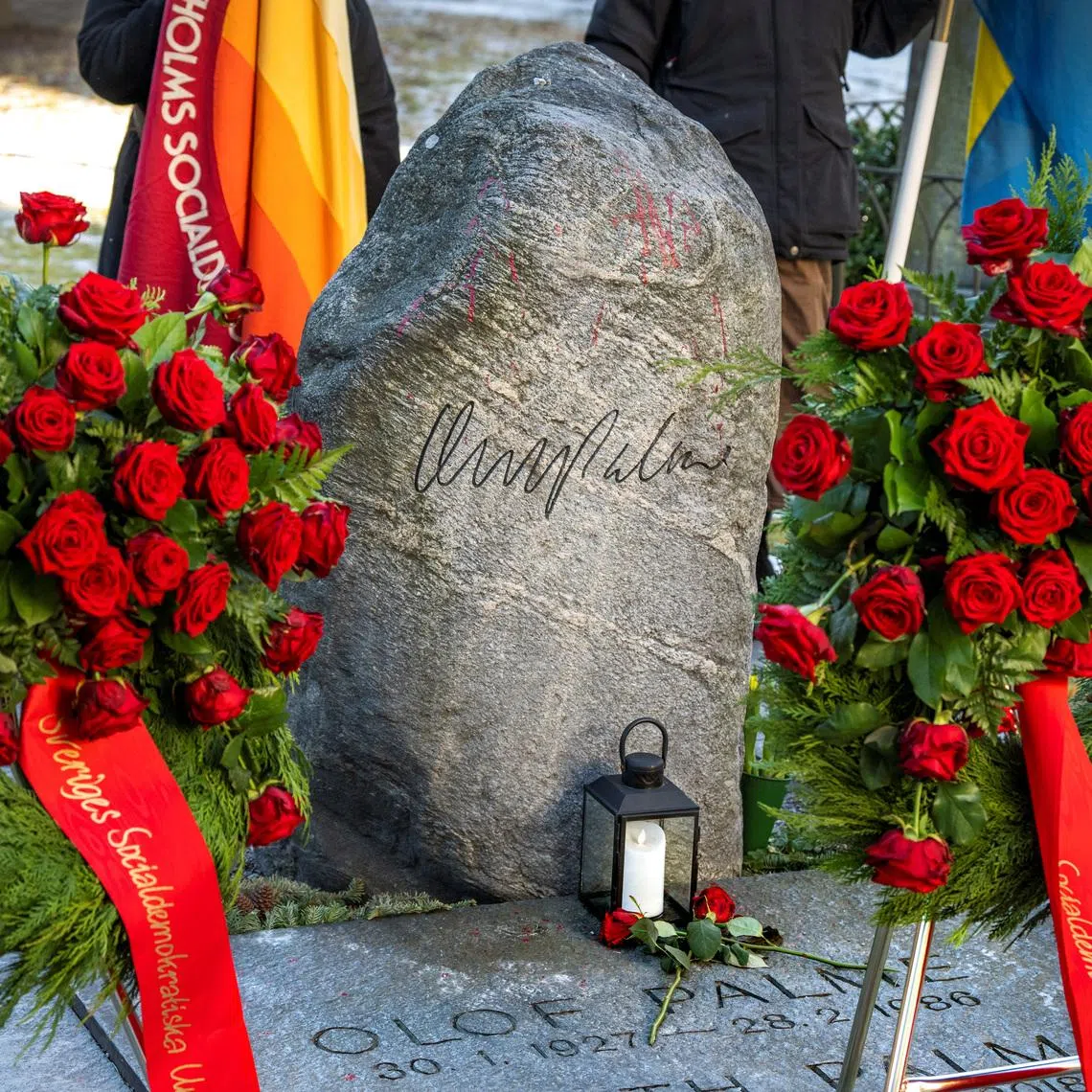 FILE PHOTO: Wreaths are laid out at the grave of former Swedish Prime Minister Olof Palme on the 36th anniversary of his assassination, at the Adolf Fredrik Cemetery in Stockholm, Sweden February 28, 2022. Claudio Bresciani/ TT News Agency/via REUTERS/ File Photo