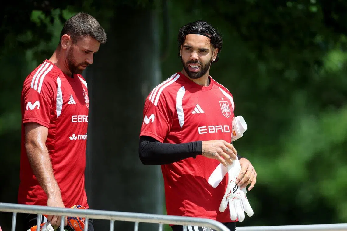 Spain goalkeepers Unai Simon (left) and David Raya during training ahead of the World Cup at Baylor School in Chattanooga, Tennessee, on  June 11, 2026.