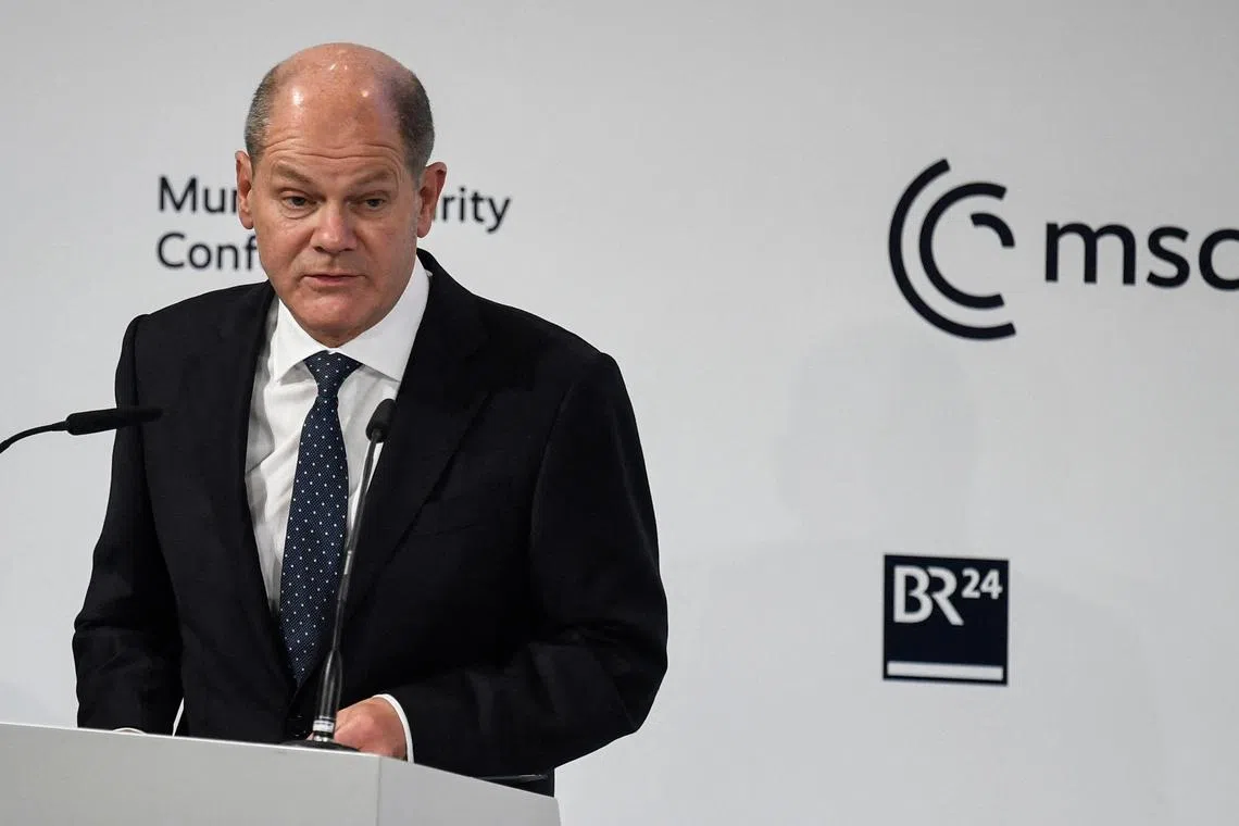 German Chancellor Olaf Scholz delivers a speech at the Munich Security Conference, in Munich, southern Germany, on Feb 17, 2023.