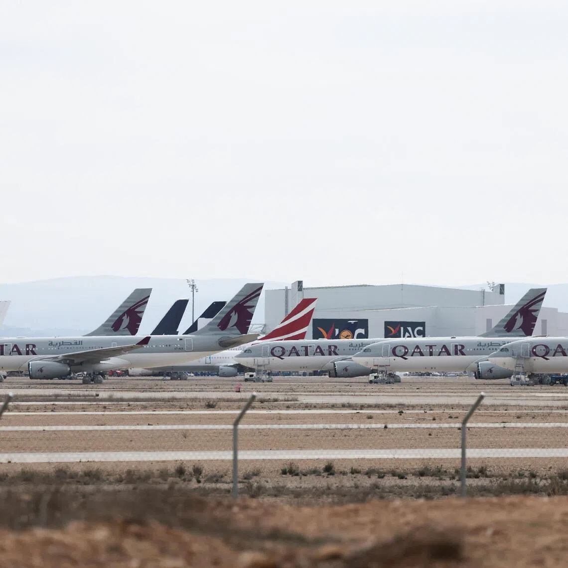 Qatar Airways aircrafts parked as they have landed at Teruel Airport in Spain, on March 20, 2026.