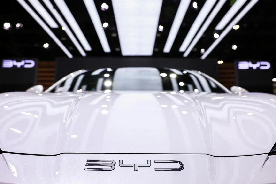 FILE PHOTO: The BYD logos are displayed at the 45th Bangkok International Motor Show in Bangkok, Thailand, March 25, 2024. REUTERS/Chalinee Thirasupa/File Photo