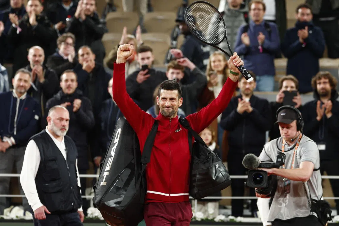 Tennis - French Open - Roland Garros, Paris, France - June 2, 2024 Serbia's Novak Djokovic celebrates after winning his match against Italy's Lorenzo Musetti REUTERS/Gonzalo Fuentes