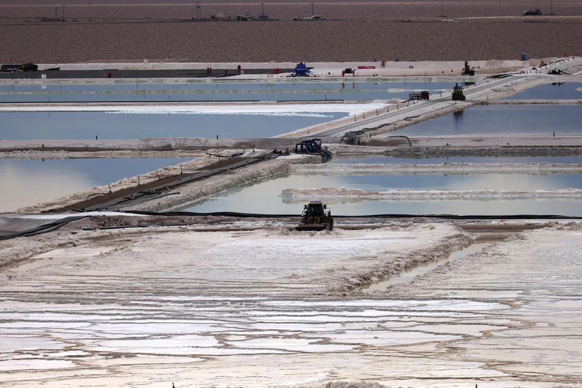 Brine pools of Albemarle Chile lithium plant placed on the Atacama salt flat.