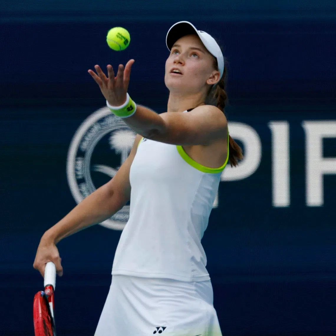Mar 25, 2026; Miami Gardens, FL, USA; Elena Rybakina (KAZ) serves against Jessica Pegula (USA) (not pictured) on day nine of the 2026 Miami Open at Hard Rock Stadium. Mandatory Credit: Geoff Burke-Imagn Images