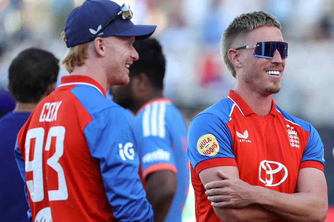 Cricket - Fifth T20 International - England v India - Utilita Bowl, Southampton, Britain - July 11, 2026 England's Luke Wood and Jordan Cox celebrate after the match Action Images via Reuters/Cat Goryn