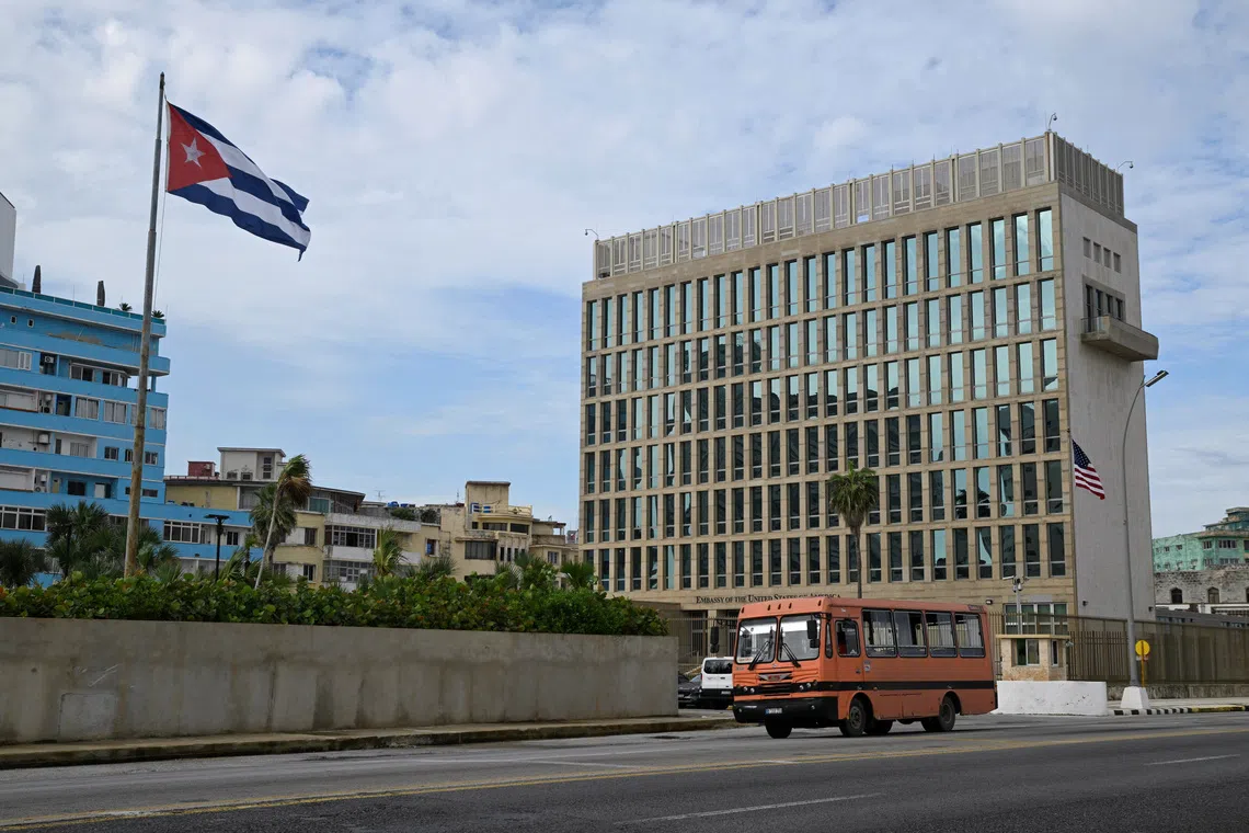 A Cuban flag is displayed near the U.S. Embassy in Havana, Cuba September 17, 2025. REUTERS/Norlys Perez