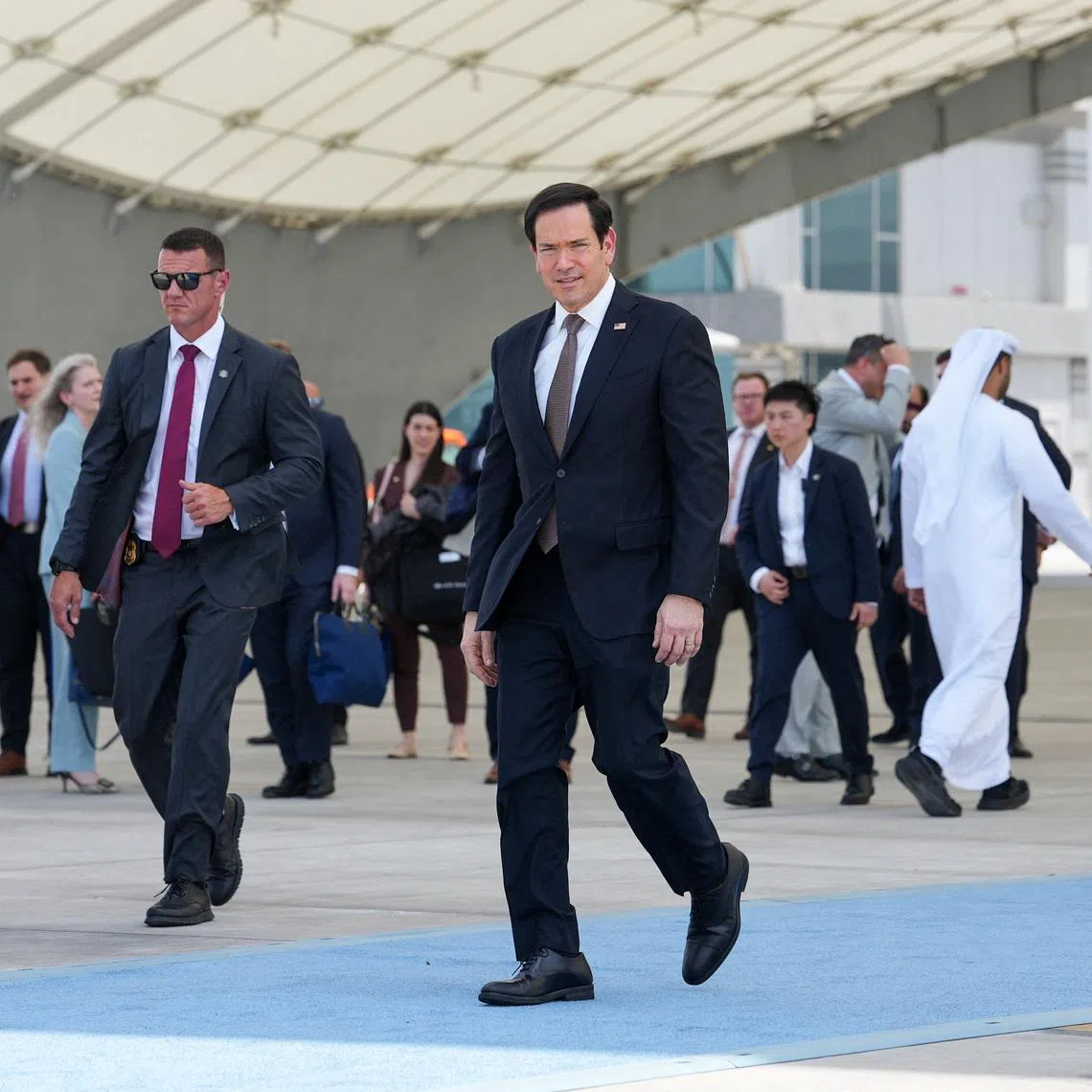 US Secretary of State Marco Rubio (centre) is on a tour of the Gulf region to reassure America’s allies.