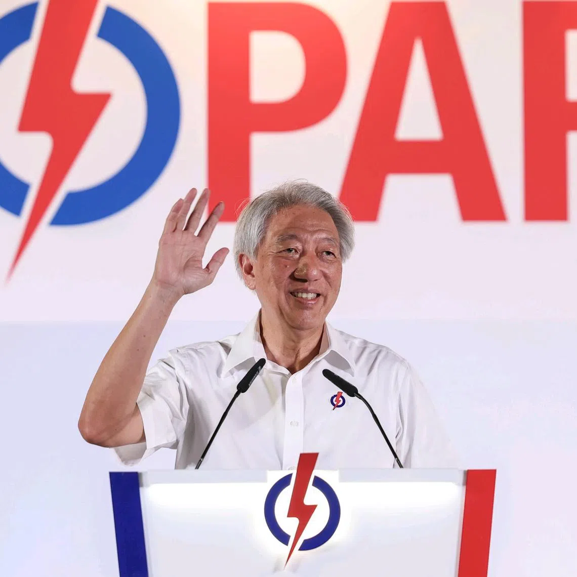 Senior Minister Teo Chee Hean speaking to supporters during the PAP's rally at Jurong West Stadium on April 27.