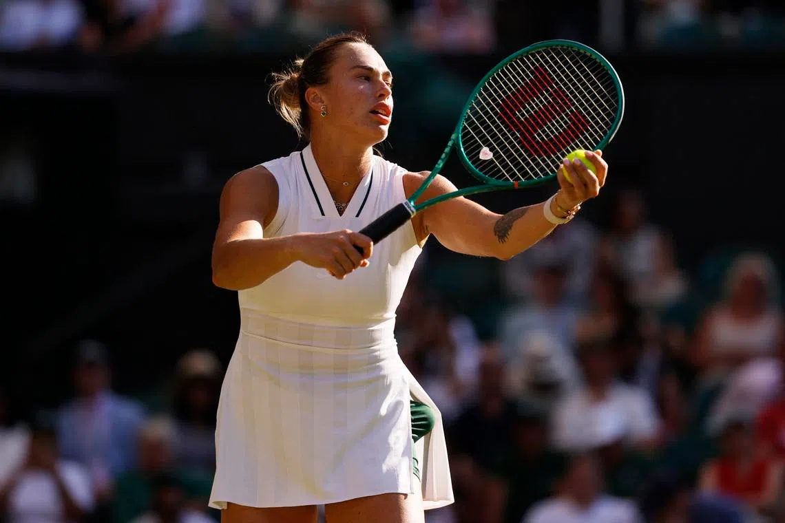 Tennis - Wimbledon - All England Lawn Tennis and Croquet Club, London, Britain - July 3, 2026 Belarus' Aryna Sabalenka in action during her third round match against Latvia's Jelena Ostapenko REUTERS/Andrew Couldridge