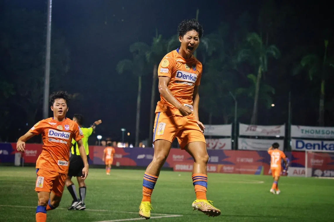 Albirex Niigata’s Seia Kunori celebrates after scoring a goal against Balestier Khalsa in their Singapore Premier League match at Jurong East Stadium on May 26, 2023.