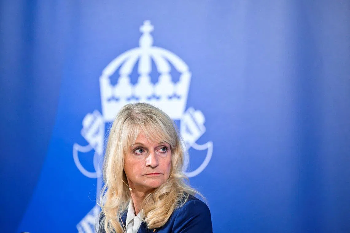FILE PHOTO: Sweden's Security Police Chief Charlotte von Essen attends a press conference at the Security Police regarding the deteriorating security situation, in Stockholm, Sweden, 17 August, 2023. Henrik Montgomery/TT News Agency/via REUTERS /File Photo