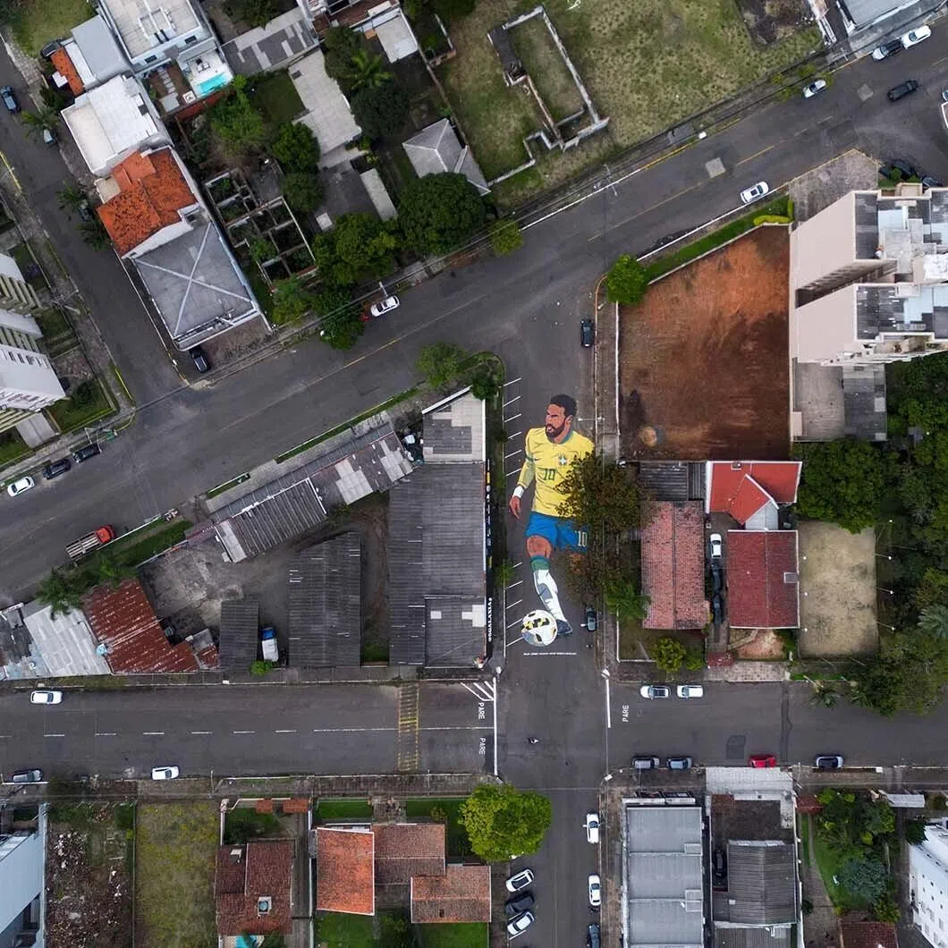 A drone view of a mural depicting Brazilian soccer player Neymar, created by artist Rafael Jung, in Novo Hamburgo, Brazil, June 10.