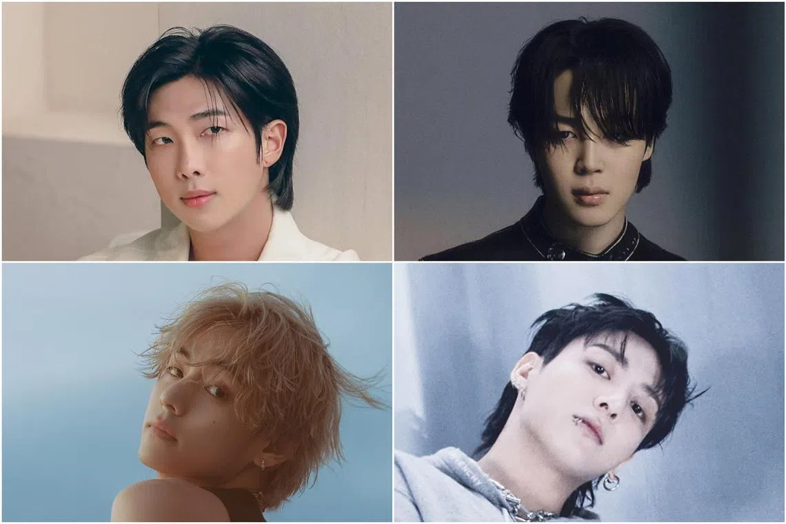 (Clockwise from top left) BTS members RM, Jimin, Jungkook and V are set to soon begin their military service.