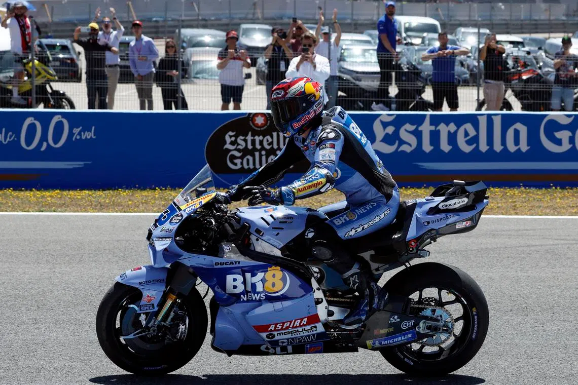 MotoGP - Spanish Grand Prix - Circuito de Jerez, Jerez, Spain - April 26, 2026 BK8 Gresini Racing MotoGP's Alex Marquez celebrates winning the MotoGP race REUTERS/Jon Nazca