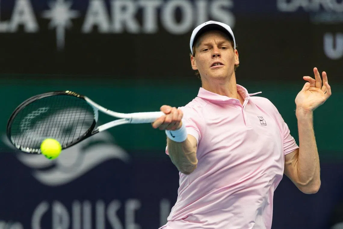 Mar 29, 2026; Miami Gardens, FL, USA; Jannik Sinner of Italy hits a forehand against Jiri Lehecka of the Czech Republic during the final of the men’s singles final of the Miami Open at the Hard Rock Stadium. Mandatory Credit: Mike Frey-Imagn Images