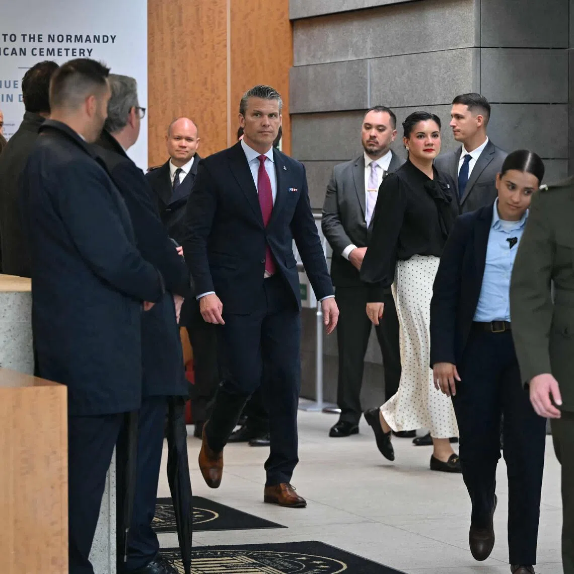 US Secretary of Defence Pete Hegseth (centre) arriving to attend a ceremony marking the 82nd anniversary of the World War II D-Day landings at the Normandy American Cemetery in Colleville-sur-Mer, northwestern France, on June 6. 