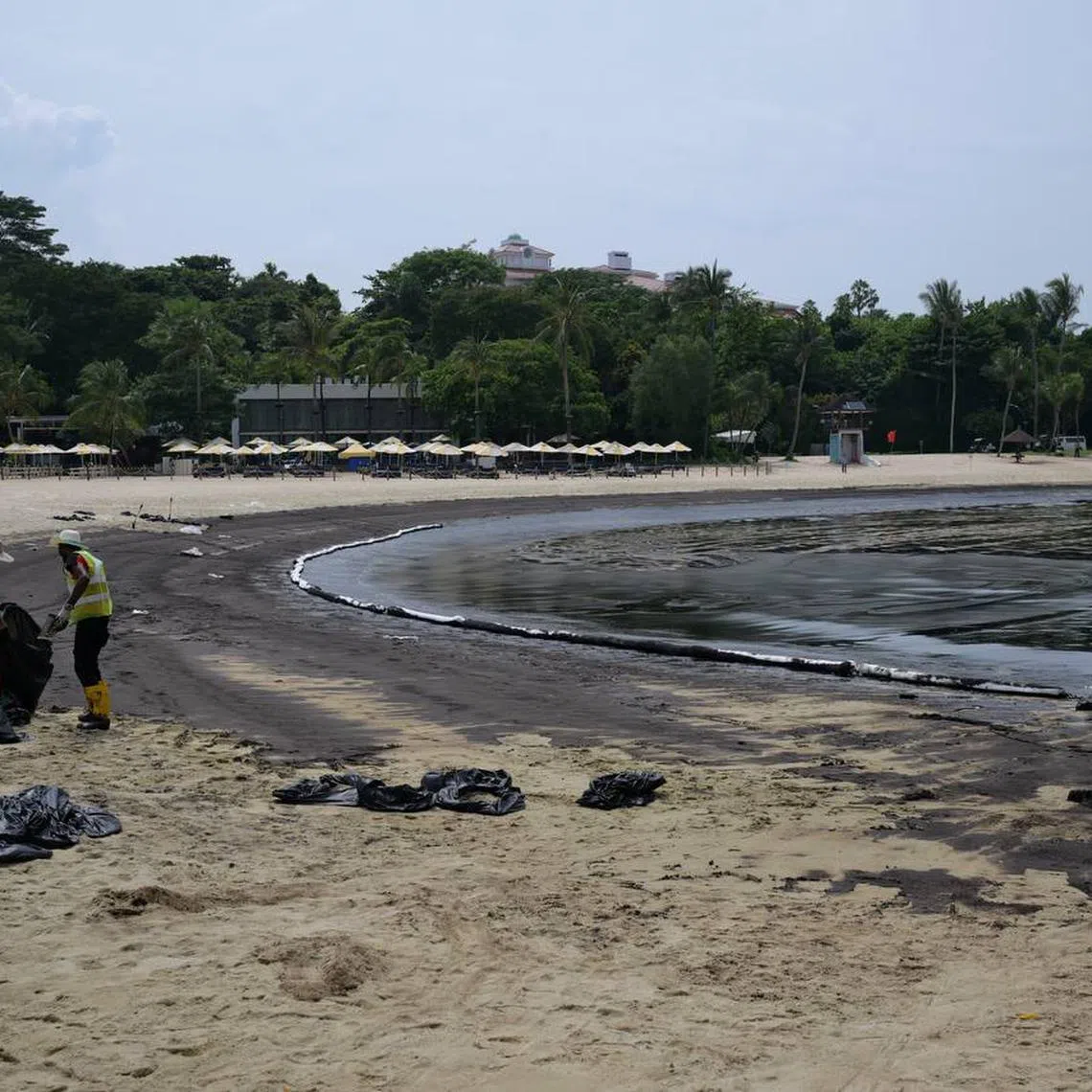 A clean-up operation is under way at Sentosa's Tanjong Beach.